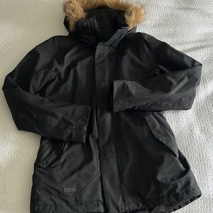 Black Volcom light winter coat with faux fur hood